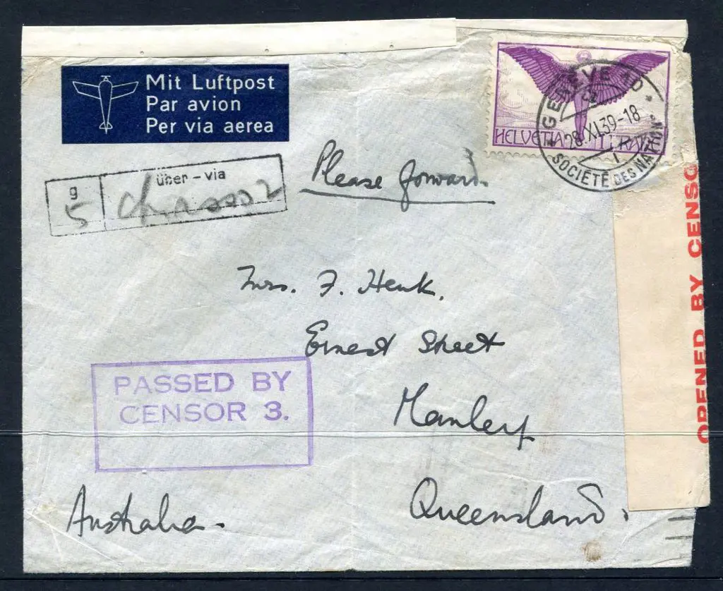 1939 (28th Nov) Geneva to Manley, Queensland ... Image 1++