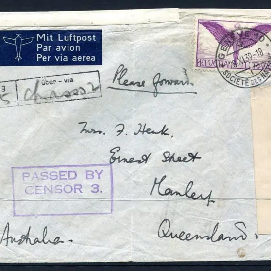 1939 (28th Nov) Geneva to Manley, Queensland ...