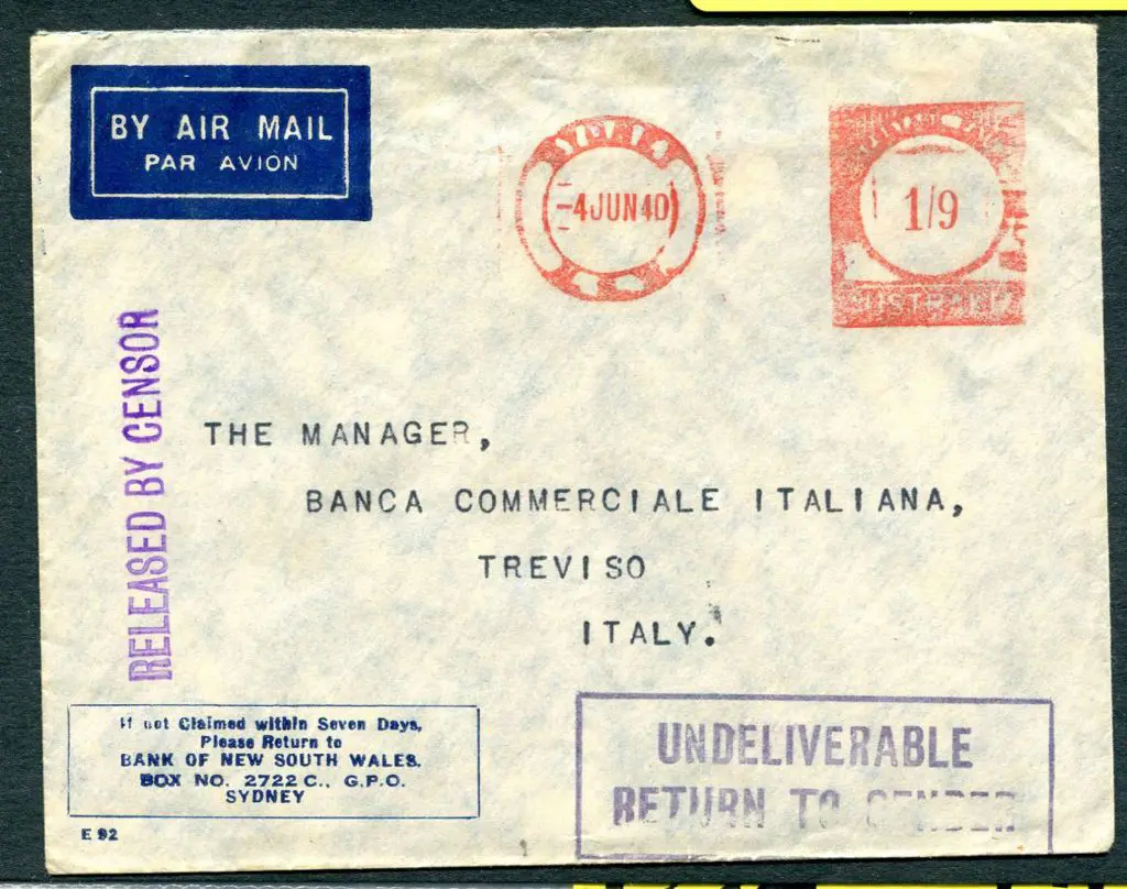1940 (4th June) Sydney to Treviso, Italy Bank of ... Image 1++