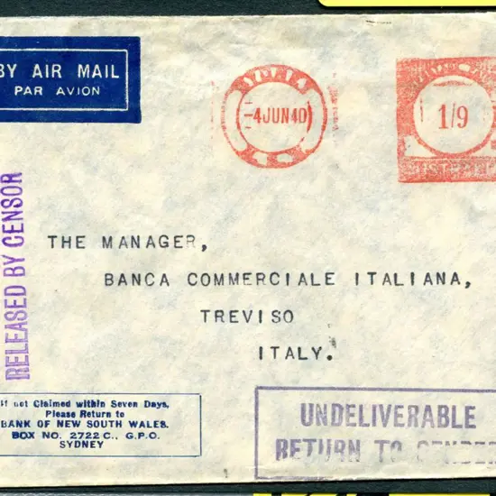 1940 (4th June) Sydney to Treviso, Italy Bank of ...