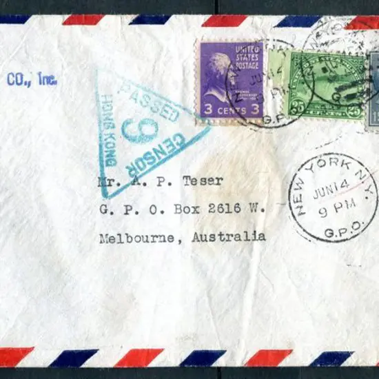 1940 (14th June) USA to Melbourne via Hong Kong by ...