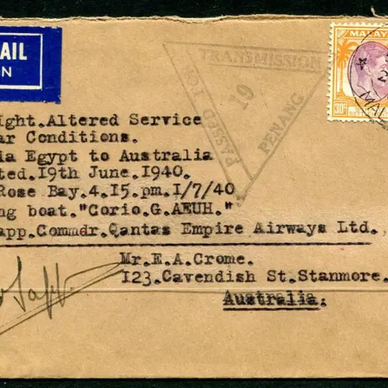1940 (24th June) Penang to Sydney intermediate leg ...