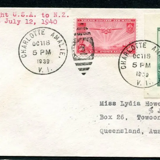 1940 (16th July) USA to NZ to Australia with 50c ...