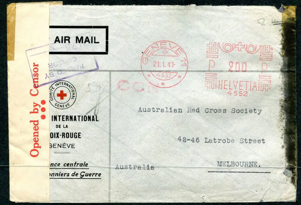 1941 (21st Jan) Geneva to Melbourne metered Red ... Image 1++