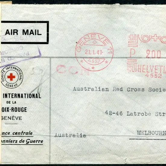1941 (21st Jan) Geneva to Melbourne metered Red ...