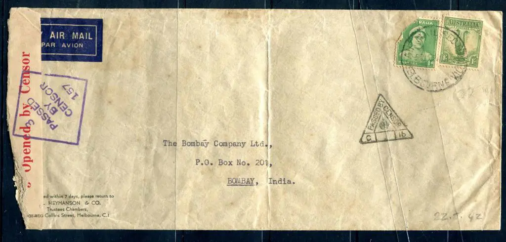 1942 (22nd Jan) Melbourne to Bombay long folded ... Image 1++