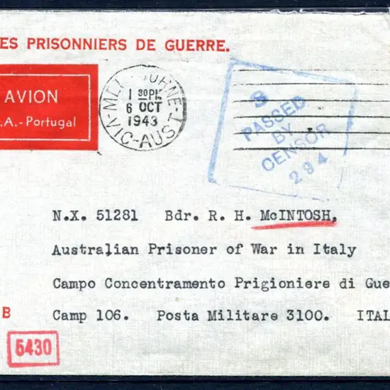 1943 (6th Oct) Australian Red Cross printed POW ...
