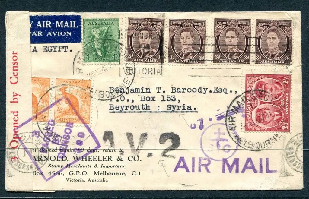 1945 (24th Feb) Melbourne to Beirut censored cover ... Image 1++