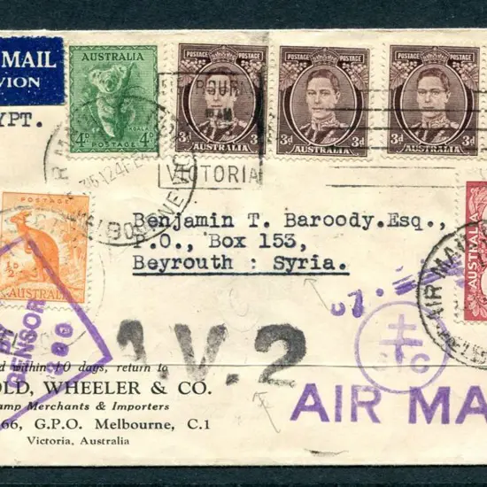 1945 (24th Feb) Melbourne to Beirut censored cover ...