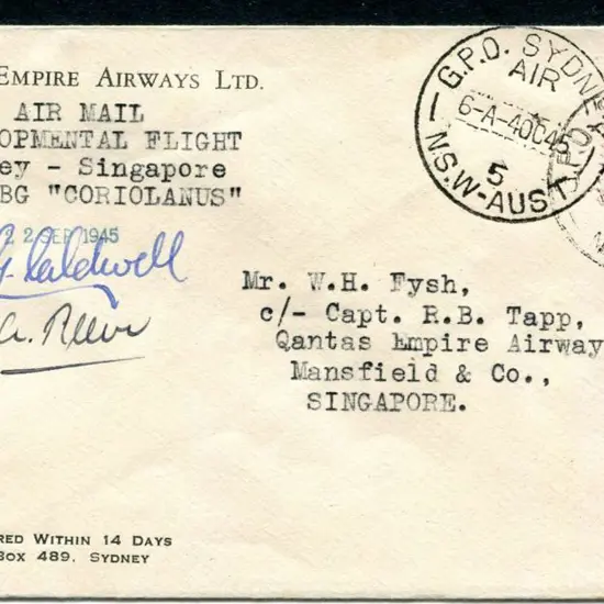 1945 (4th Oct) Australia to Singapore Qantas ...