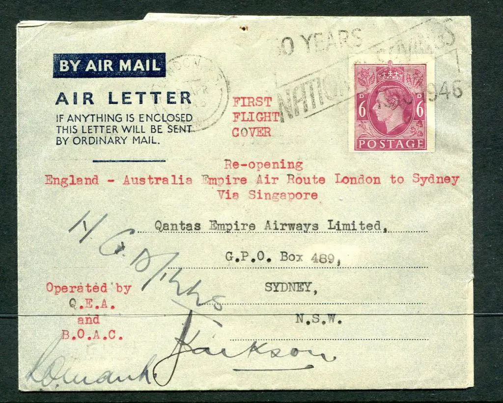 1946 (9th Apr) England to Australia GB 6d KGVI Air ... Image 1++