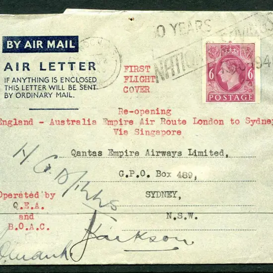 1946 (9th Apr) England to Australia GB 6d KGVI Air ...