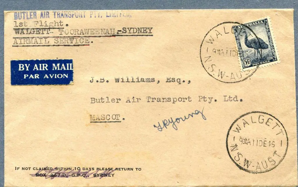 1946 (8th Dec) Walgett to Sydney by Butler Air ... Image 1++