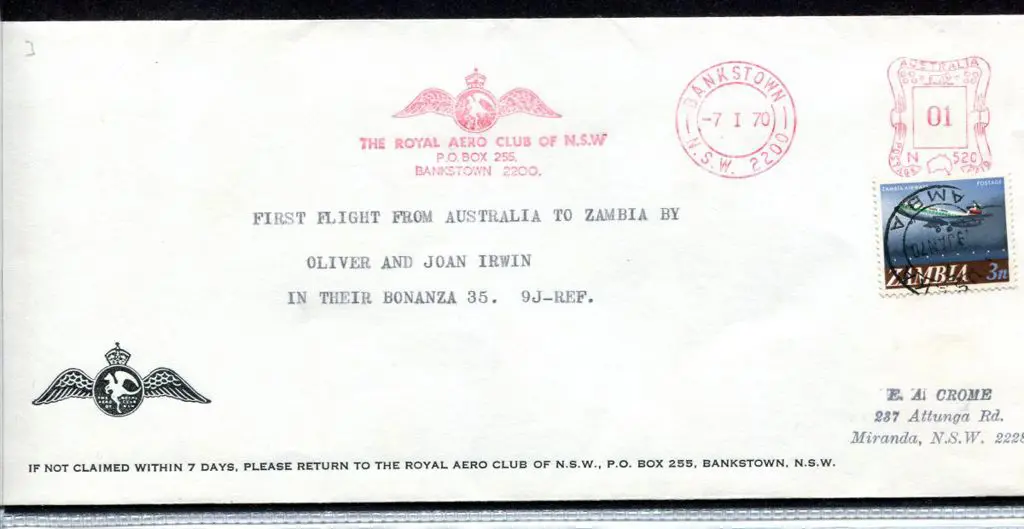 1970 (7th Jan) Australia to Zambia First Flight by ... Image 1++