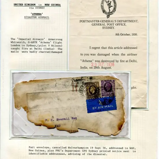1936 (29th Sept) "Athena" salvaged mail part-cover ...