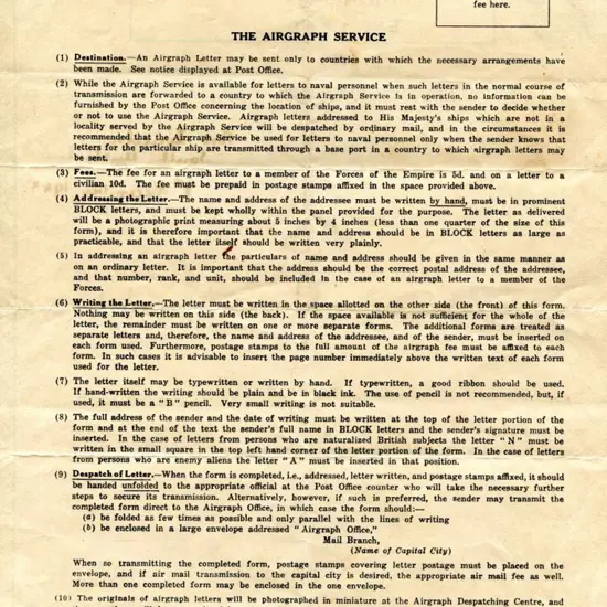 1943 "The Airgraph Service" instructions on ...