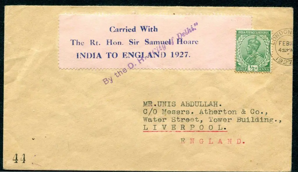 India 1927 (18th Feb) Karachi to London with India ... Image 1++