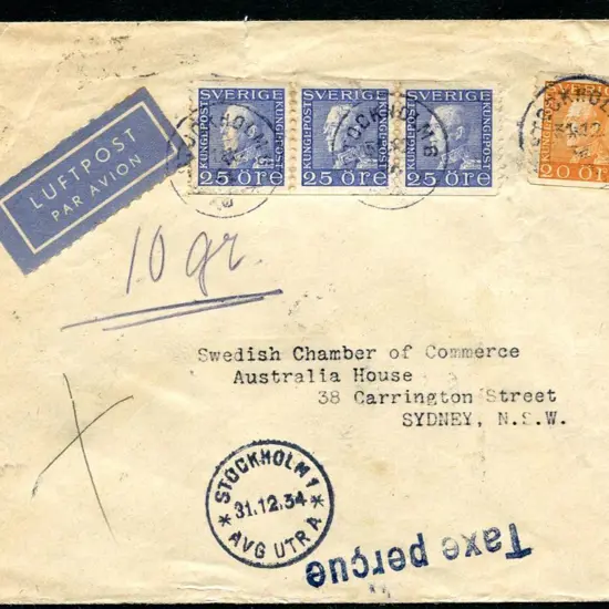 Sweden 1934 (31st Dec) Stockholm to Swedish ...