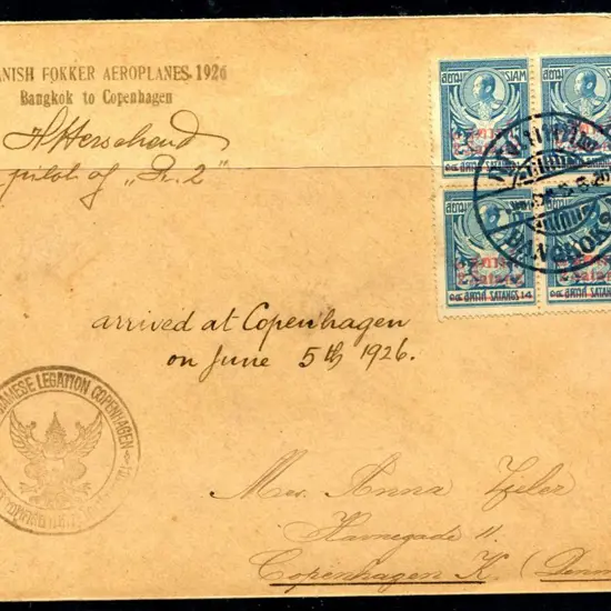 Thailand 1926 (6th May) Thailand to Denmark cover ...