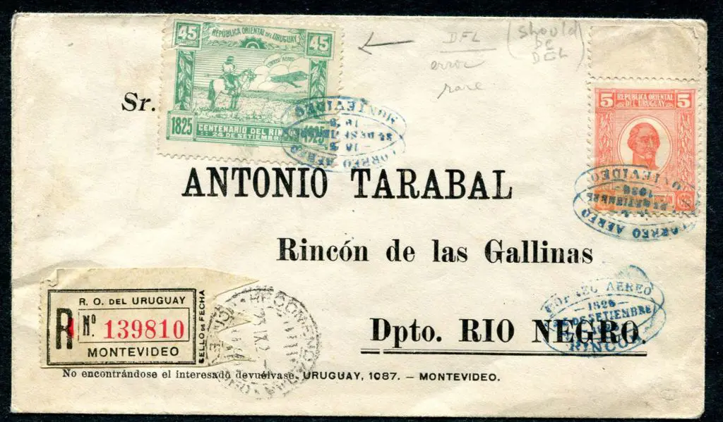 Uruguay 1925 (26th Sept) Montevideo to Rincon Rio ... Image 1++