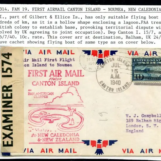 USA 1940 (15th July) Canton Is to Noumea with ...