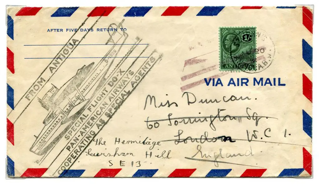 1931 (20th Aug) Antigua to England bearing 1/- KGV ... Image 1++
