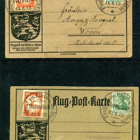 1912 (14th & 22nd June) LZ10 flight cards with 5pf ...