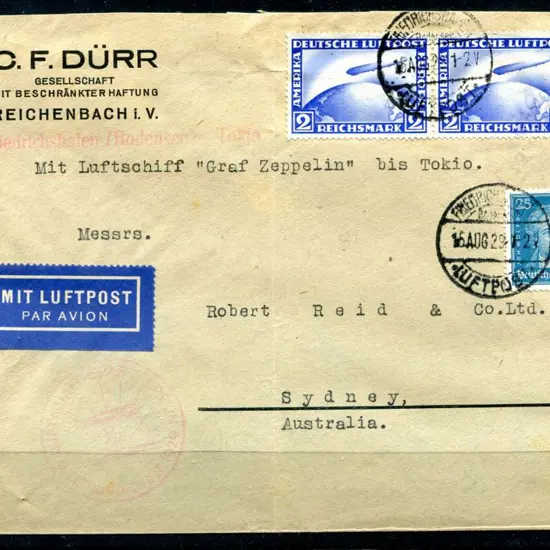 1929 (15th Aug) Germany to Sydney cover carried to ...