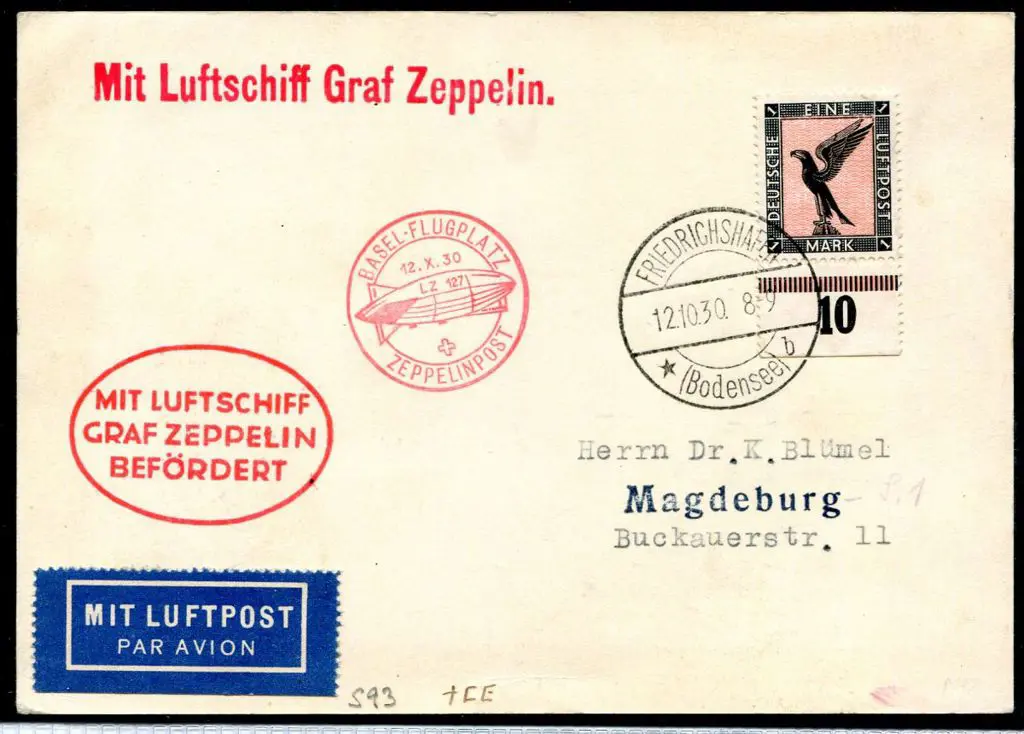 1930 (12th Oct) "Basel-Flugplatz Zeppelinpost LZ ... Image 1++