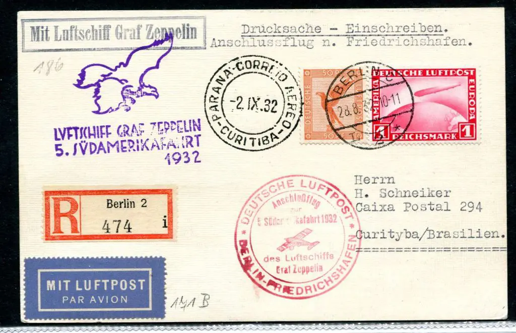 1932 (2nd Sept) Berlin to Brazil Registered card ... Image 1++