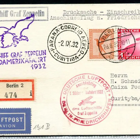 1932 (2nd Sept) Berlin to Brazil Registered card ...