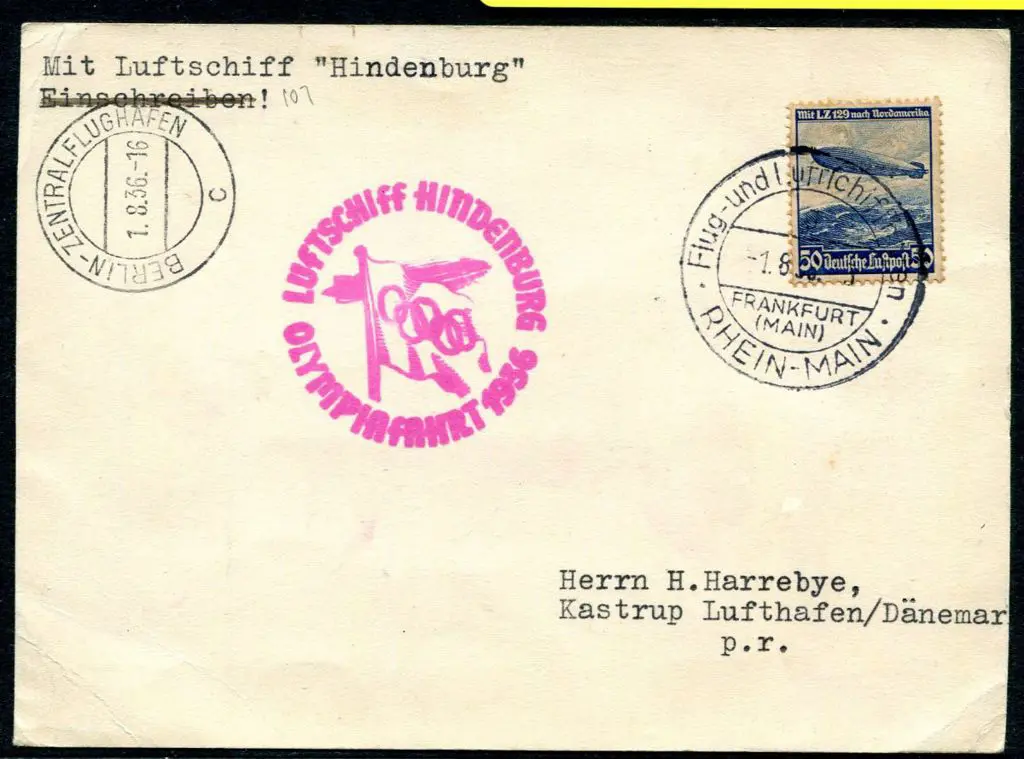 1936 (1st Aug) "Hindenburg" Olympic Flight card ... Image 1++