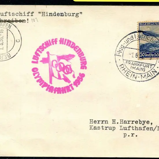 1936 (1st Aug) "Hindenburg" Olympic Flight card ...