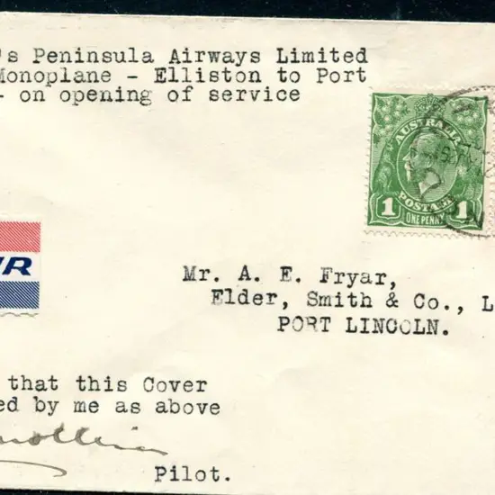 1929 (19th Aug) ditto but Elliston to Port Lincoln ...
