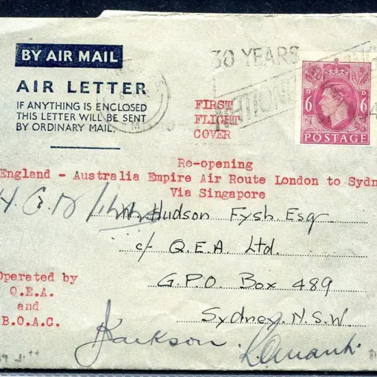 1946 (9th Apr) England to Australia GB 6d KGVI Air ...