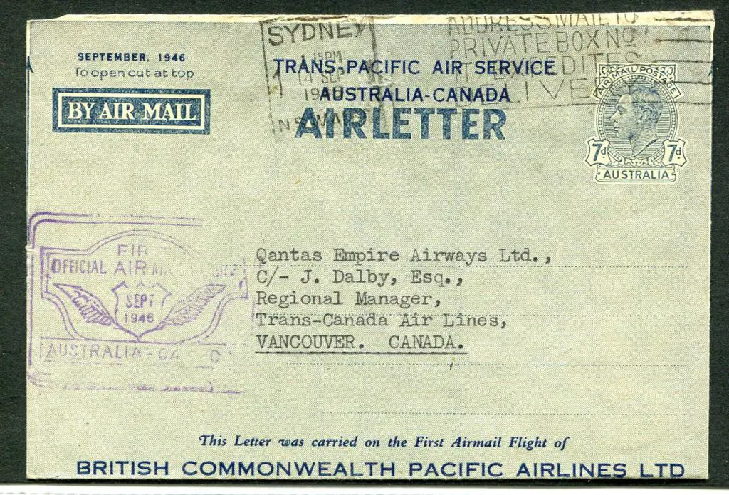 1946 (15th Sept) Australia to Canada Tans-Pacific ... Image 1++