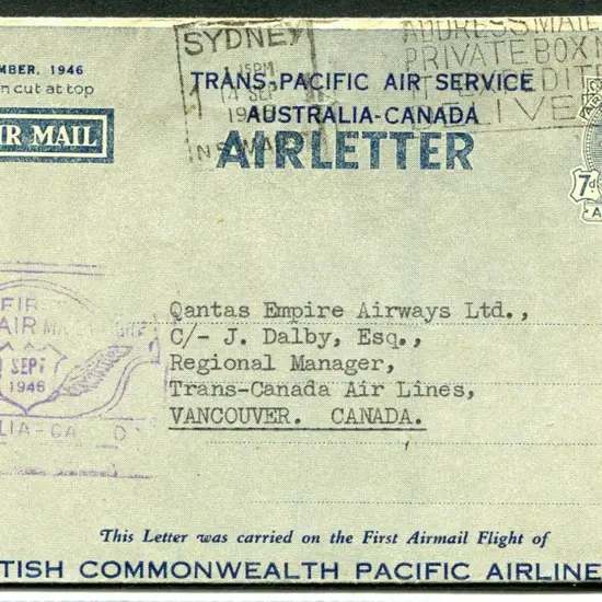 1946 (15th Sept) Australia to Canada Tans-Pacific ...