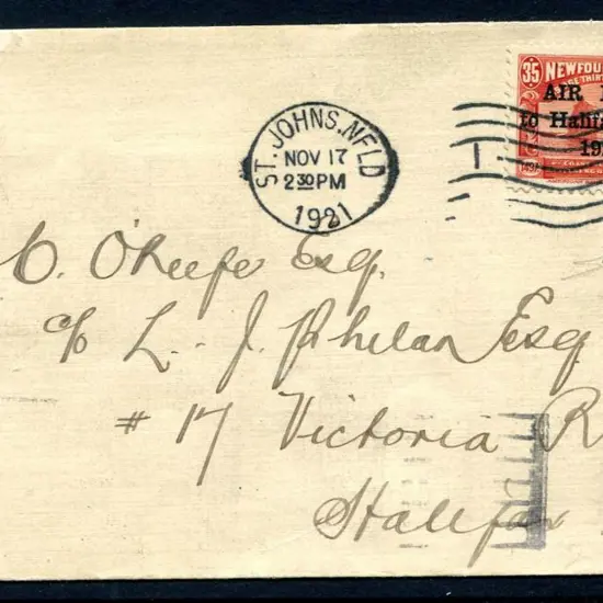 Newfoundland 1921 (17th Nov) St Johns to Halifax ...