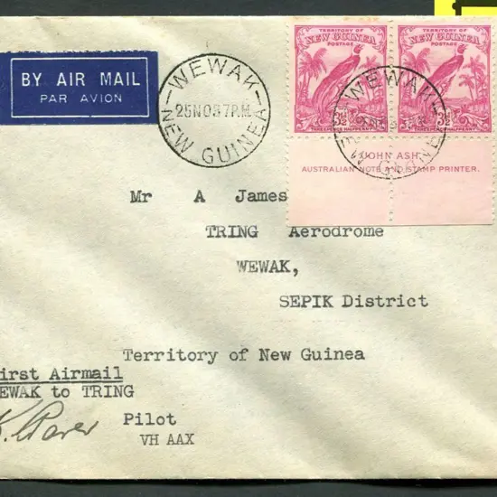 PNG 1937 (25th Nov) Wewak to Tring (Sepik) franked ...
