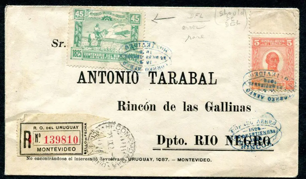 Uruguay 1925 (26th Sept) Montevideo to Rincon Rio ... Image 1++