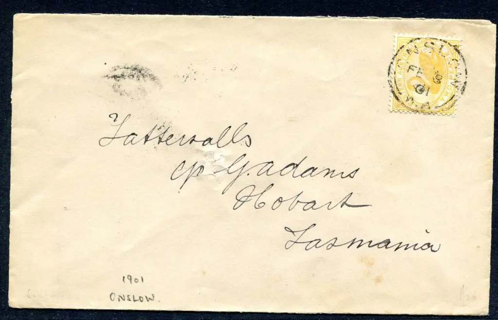 1901 (18th Feb) Onslow to Hobart cover with 2d ... Image 1++