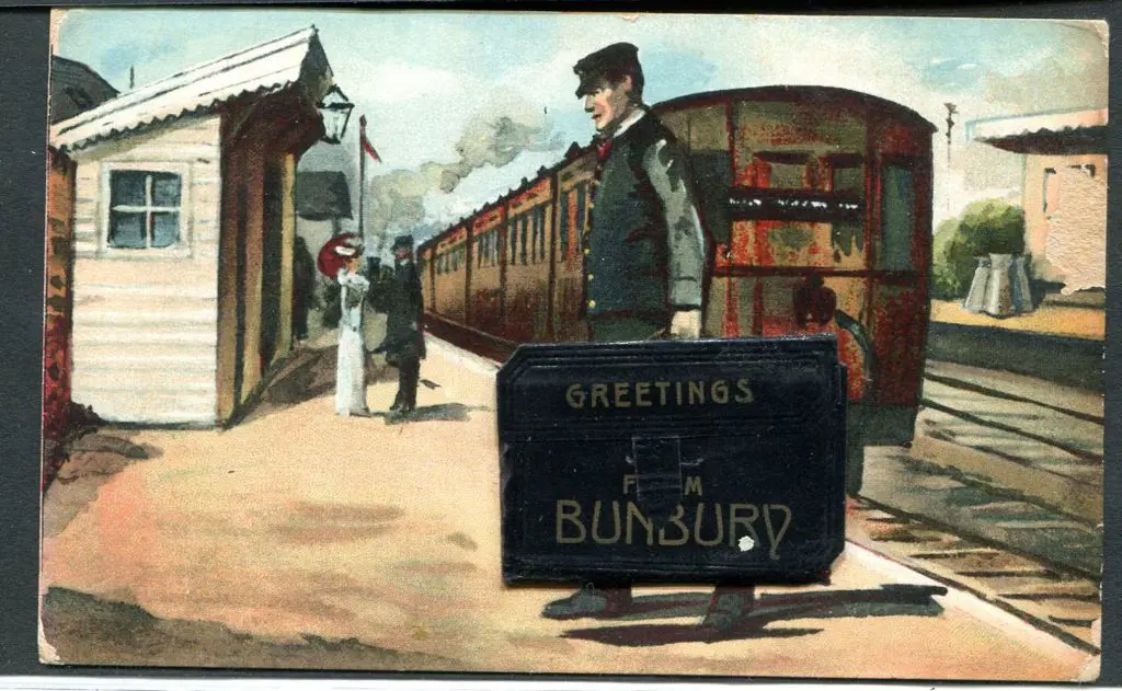 "Greetings from Bunbury" novelty card with porter ... Image 1++