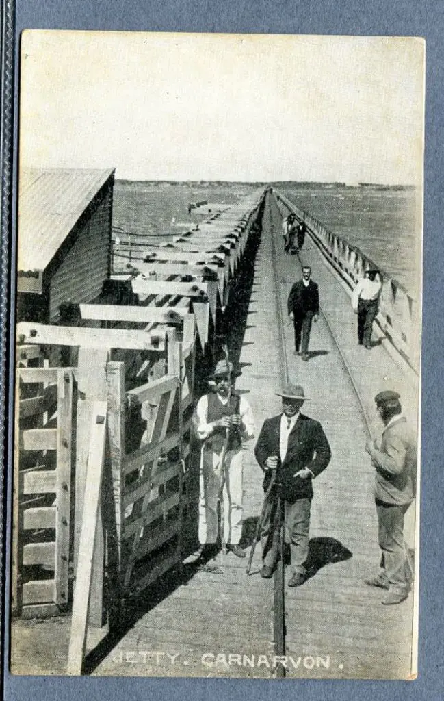 "Jetty, Carnarvon" showing group of men walking on ... Image 1++