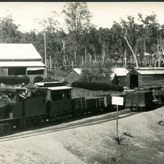 Log hauling train & mill workers cottage in ...