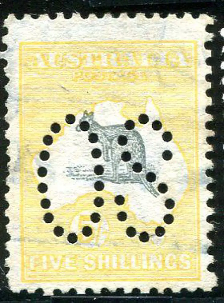 1913 1st Watermark 5/- grey & yellow perfined ... Image 1++