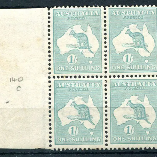 1915/28 3rd Watermark 1/- blue-green left selvedge ...