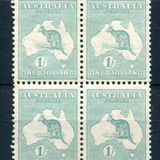 1915/28 3rd Watermark 1/- blue green block of 4 ...