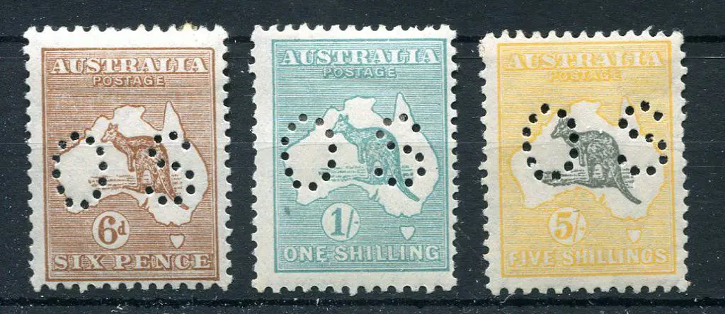 1915/28 3rd Watermark 6d, 1/- & 5/- perfined "OS", ... Image 1++