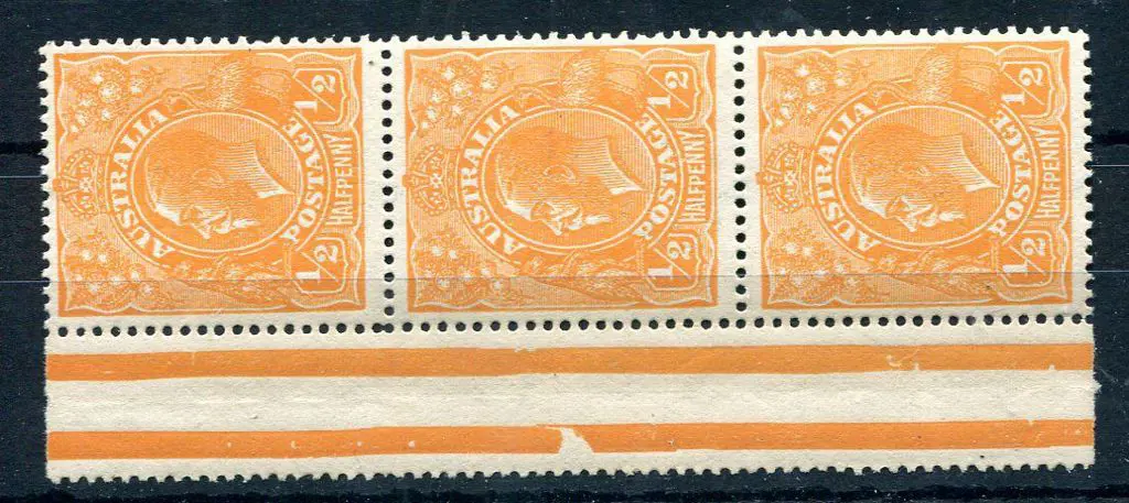 1914-20 Single Watermark ½d orange left selvedge ... Image 1++