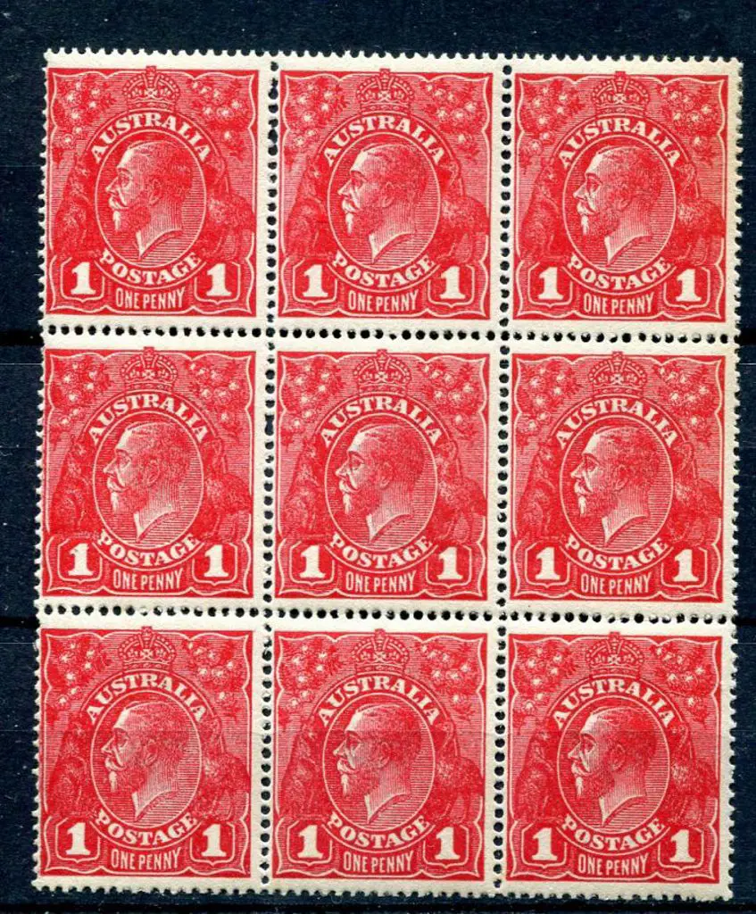 1914-20 Single Watermark 1d deep red aniline block ... Image 1++